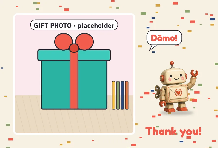 Sample kids birthday card front with a gift photo and Kansha saying Dōmo
